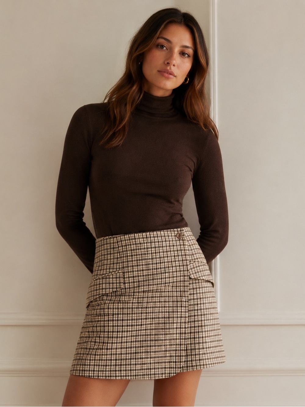 Moon River Plaid Wrap Mini Skirt Brown NWT Size M